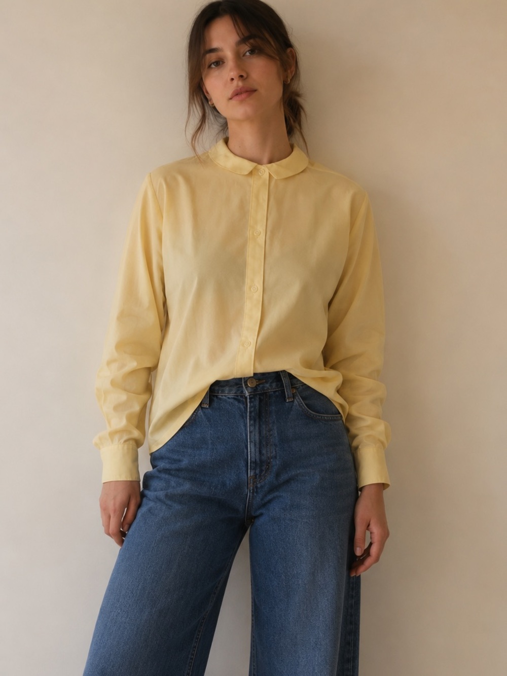 Vintage 1960’s Unisex Butter Yellow Hue Button Down Peter Pan Collar Shirt